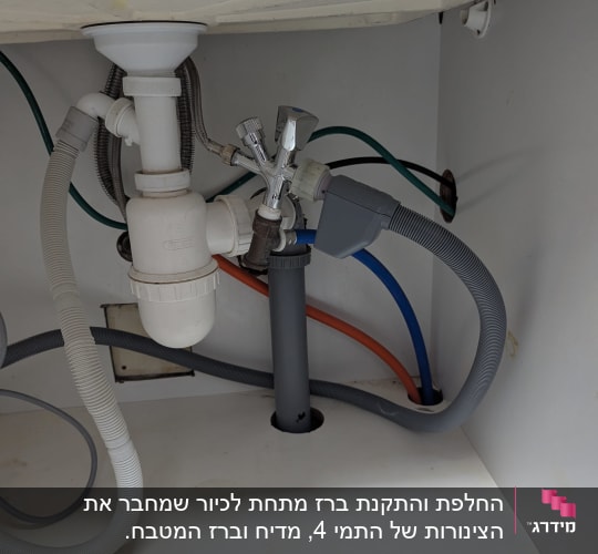 צנרת מתחת לכיור עם ברזים וצינורות פלסטיק